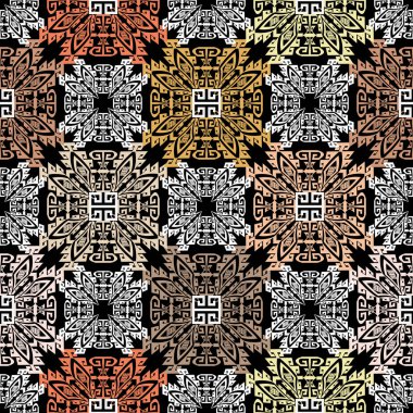 Etnik dikişsiz desen. Renkli desenli geometrik arka plan. Kabile geometrisi şekilleri. Süs halk tarzı mandalas. Yunan anahtar meanders eski süs. Güzel modern zerafet vektör tasarımı.