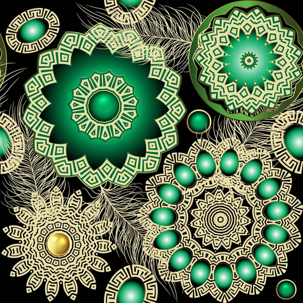 Griekse mandala's kleurrijke 3D vector naadloze patroon. Sieraden sierbloemen achtergrond. Elegantie herhalen veren achtergrond. Geometrische sierlijke Griekse belangrijke Meander sieraad met bloemen, edelstenen, vormen — Stockvector