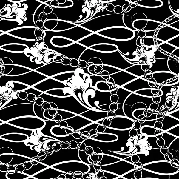 Black and white vintage floral seamless pattern. Ornamental elegance background. Line art tracery calligraphic hand drawn ornament. Ethnic style flowers, leaves, chains. Vector illustration. Wallpaper — Stock Vector