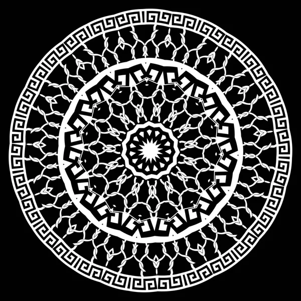 Zwart-wit raster Griekse vector Mandala patroon. Etnische stijl Lace fishnet ornament. Griekse sleutel meanders. Tribal sierrooster ontwerp. Gevlochten ronde Mandala met knopen, geometrische vormen, frames. — Stockvector