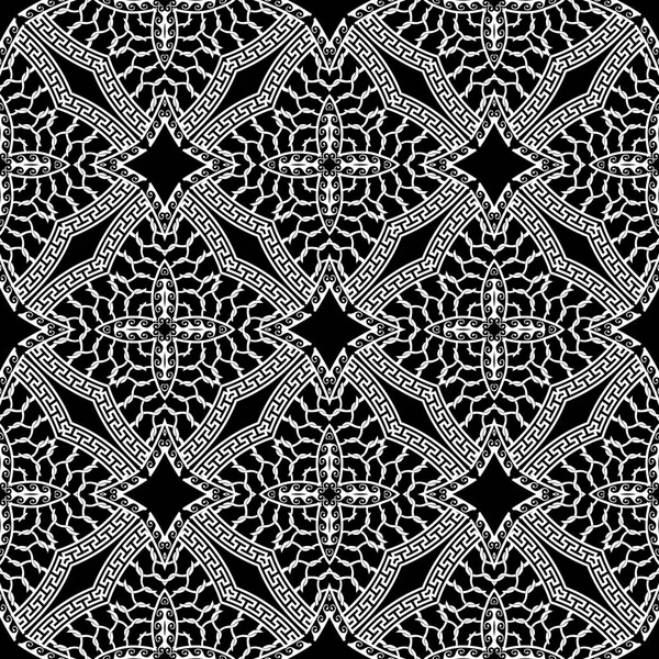 Estilo árabe padrão sem emenda vetor grego. Fundo floral ornamental preto e branco. Repetição étnica cenário geométrico. Grade grego chave meandros ornamento. Textura de renda. Flores vintage abstratas . —  Vetores de Stock