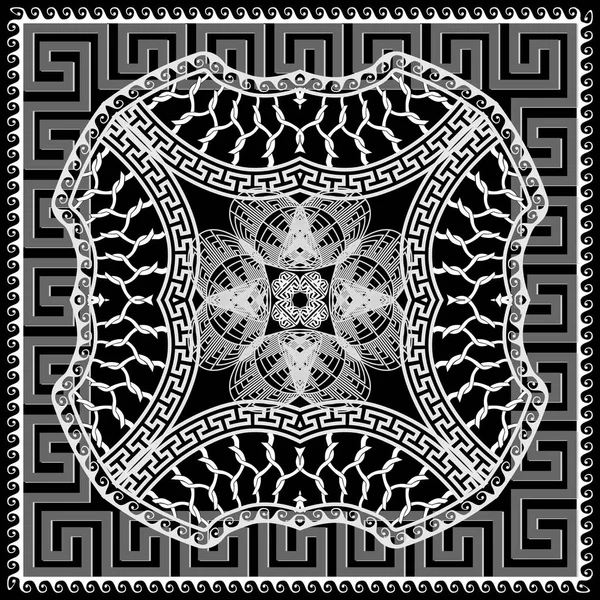 Черно-белая сетка греческая векторная мандала. Украшение из кружевной сетки в этническом стиле. Греческие ключевые меандры рамки. Дизайн декоративной решётки племени. Плетеная мандала с узлами, геометрическими формами — стоковый вектор