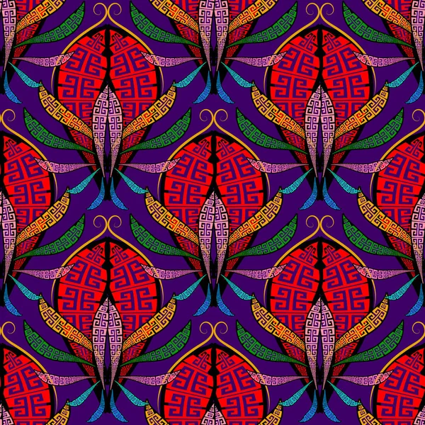 Grego colorido abstrato Paisley sem costura padrão. Fundo vetorial floral ornamental. Bela mão desenhada repetir pano de fundo moderno. chave grega meandros ornamento. Flores de estilo étnico brilhantes, folhas — Vetor de Stock