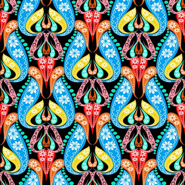 Etnische kleurrijke Paisley naadloze patroon. Decoratieve heldere florale achtergrond. Decoratieve Tribal herhalen achtergrond. Hand getekende patroon Paisley bloemen, bladeren, lijnen, vormen. Eindeloze sierlijke textuur. — Stockvector
