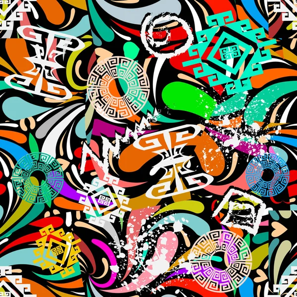 Estilo étnico tribal vector abstracto colorido patrón sin costuras. Fondo moderno geométrico ornamental griego. Grunge garabato dibujado a mano formas, líneas en zigzag, meandros clave griegos. Flores paisley brillantes — Archivo Imágenes Vectoriales