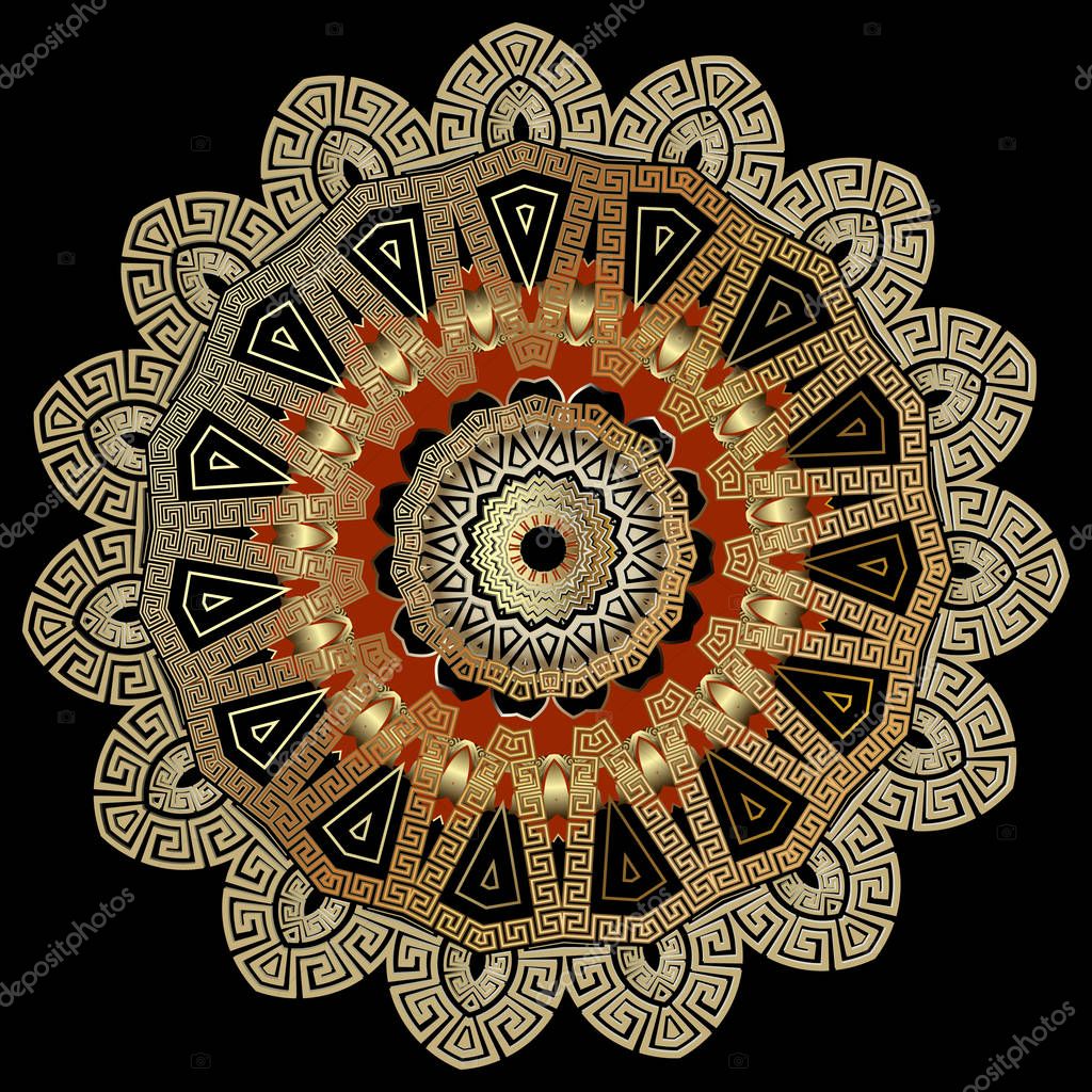 Greek ancient round 3d mandala pattern. Ornate gold abstract flower. Ornamental geometric background. Decorative floral backdrop. Greek key meanders beautiful ornament. Luxury design