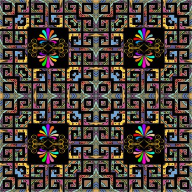 Çiçek süs yunan anahtar meanders sorunsuz desen. Vektör geometrik soyut arka plan. Dekoratif renkli tekrar arka plan. Geometrik şekiller, vintage çiçekler ile modern yaratıcı süs.