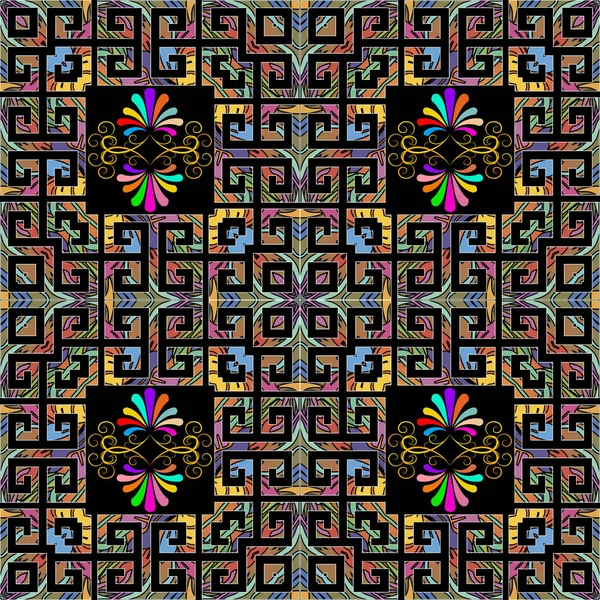 Çiçek süs yunan anahtar meanders sorunsuz desen. Vektör geometrik soyut arka plan. Dekoratif renkli tekrar arka plan. Geometrik şekiller, vintage çiçekler ile modern yaratıcı süs.