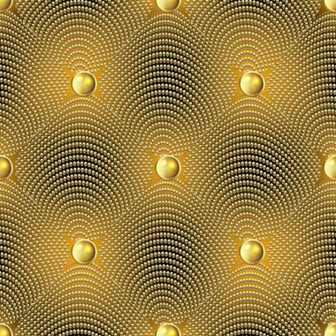 Altın noktalı 3d vektör dikişsiz desen. Dokulu süs yarısı