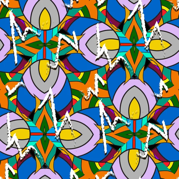 Moderne bunte abstrakte Vektor nahtlose Muster. hellen ornamentalen geometrischen Hintergrund mit gestreiften mehrfarbigen Formen, Linien. Doodle Hand gezeichnet Stammesornament mit Zick-Zack-Grunge-Linien. — Stockvektor