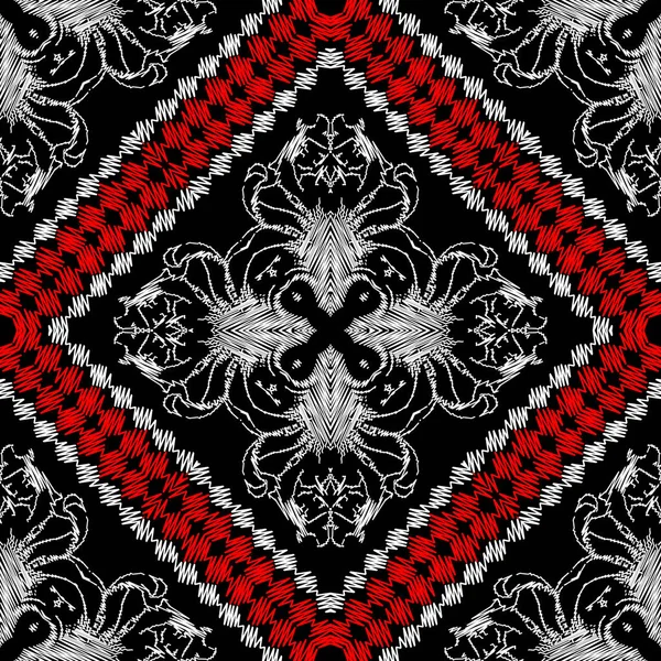 Broderie vintage motif baroque vectoriel sans couture. Fond géométrique tapisserie. Grunge géométrique répétition toile de fond. Ornement floral texturé avec lignes en zigzag, losange, cadres. Conception brodée . — Image vectorielle