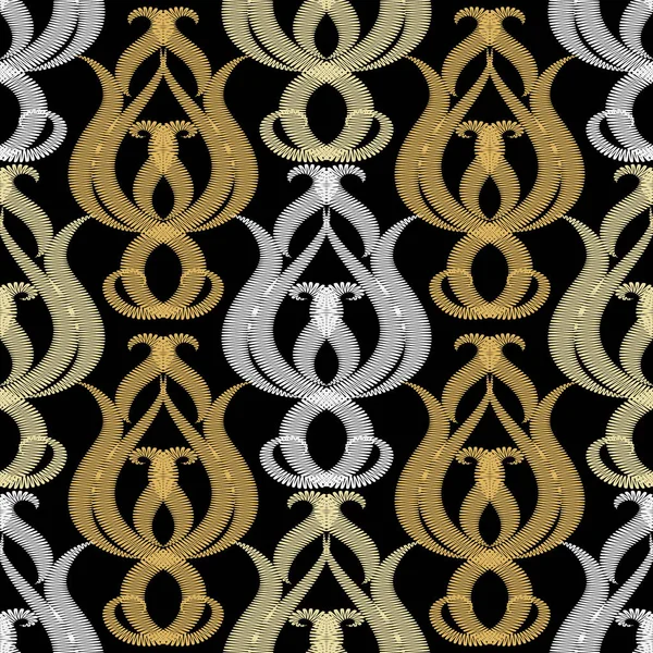 Çiçek dokulu Damask vektör dikişsiz desen. Arabesk süs vintage arka plan. Grunge zikzak nakış tarzı çiçekler. Goblen dikiş hattı sanat süsü. Süslü sonsuz dokuyu tekrarlayın.