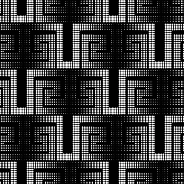 Patrón sin costuras griego punteado medio tono. Vector negro y blanco círculos de fondo. Fondo abstracto con puntos, formas cuadradas, punto de gran escala. Clave griega meandros adorno medio tono. Diseño texturizado — Archivo Imágenes Vectoriales