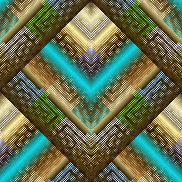 Griego digital medio tono 3d patrón sin costuras. Vector colorido fondo punteado. Fondo abstracto con puntos, círculos, punto de gran escala. Rayas griegas clave meandros ornamento geométrico. Diseño texturizado . — Vector de stock