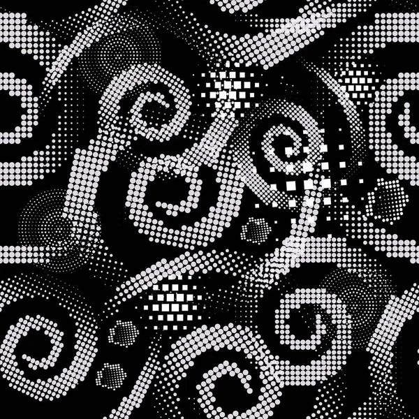 Digitale halftoon spiralen vector naadloze patroon. Gestippelde spiraal lijnen abstracte geometrische achtergrond. Herhaal de achtergrond met cirkels, pleinen, stippen, punt grote schaal. Moderne zwart-wit ornamenten. — Stockvector