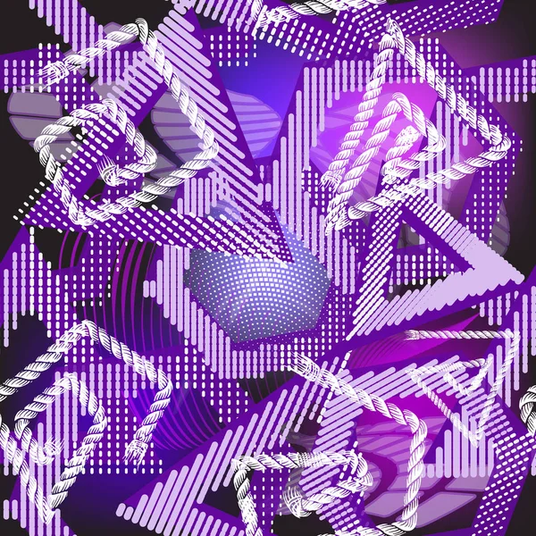 Цветной геометрический полутоновый вектор бесшовный узор. Современный светящийся фон в фиолетовых тонах. Цифровой пунктирный орнамент с треугольниками, полигонами, точками, линиями, полосами, греческими ключами, веревками . — стоковый вектор