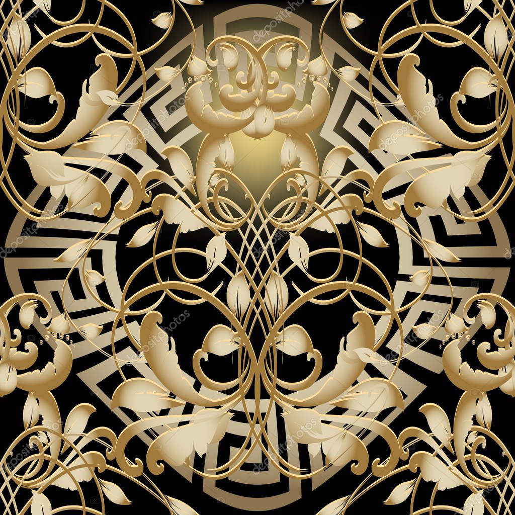 Gold 3d Baroque Renaissance vector seamless pattern. Vintage ornamental background. Greek key meanders mandala. Floral beautiful ornament in baroque Victorian style. Abstract modern ornate design.