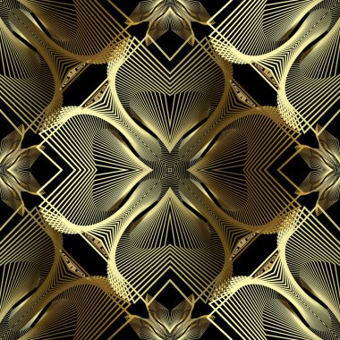 Altın süs geometrik 3d çizgiler dikişsiz desen. Çizgili soyut modern süs. Yüzey doku lüks arka plan. Çizgiler, çizgiler, geometri şekilleri, çiçekler. Dekoratif tasarım. Sonsuz doku.