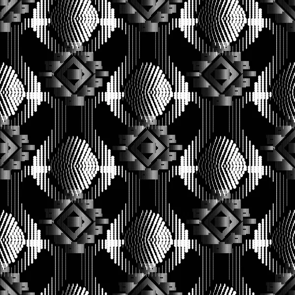 3D strukturierte Halbton-Stammesvektor nahtlose Muster. schwarz-weißer ethnischer Hintergrund mit gepunktetem Ornament. geometrisch wiederholter digitaler Hintergrund. vintage ornamentale Halbton-Design mit Punkten. — Stockvektor