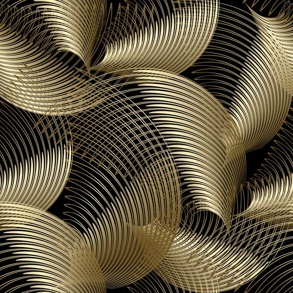 Gouden luxe 3D abstracte vector naadloze patroon. Sier vloeiende wervel vormen achtergrond. Spiraal lijn kunst maaswerk oppervlak ornament. Getextureerde geometrische REPEAT achtergrond. Moderne gestreepte spiralen ontwerp — Stockvector