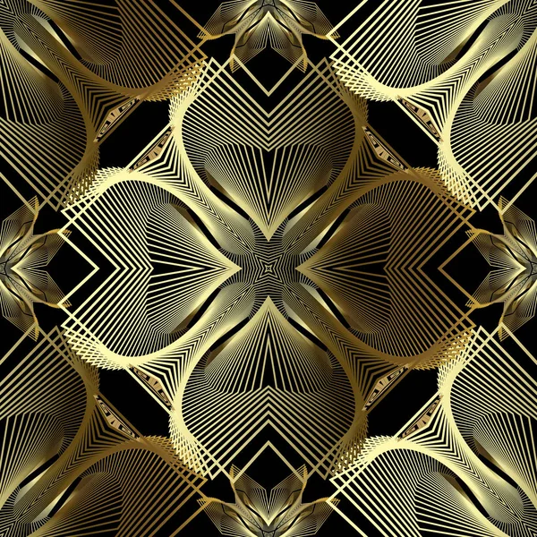 Guld prydnads geometriska 3D linjer sömlösa mönster. Randig abstrakt modern prydnad. Ytstruktur lyx bakgrund. Ränder, linjer, geometri former, blommor. Dekorativ design. Oändlig textur. — Stock vektor