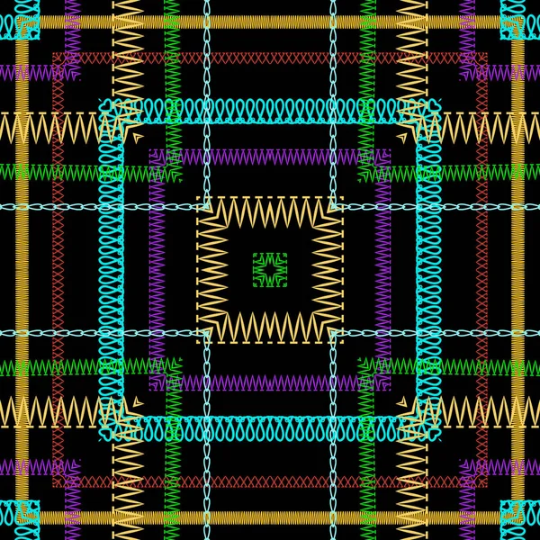 Tartan nakış renkli vektör dikişsiz desen. Zikzak dikiş çizgili dokulu ekose arka plan. Goblen tekrar grunge fon. Nakışlı zig zag şeritler, sınırlar, çizgiler, çerçeveler, kareler. — Stok Vektör