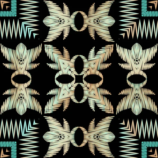 Bordado tribal patrón inconsútil vector colorido. Fondo de textura a rayas a cuadros. Tapiz repetir grunge origen étnico. Bordado puntada zigzag rayas, bordes, marcos, cuadrados, formas . — Archivo Imágenes Vectoriales