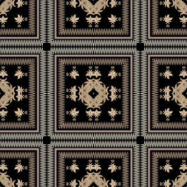 部族刺繍カラフルなベクトルシームレスパターン。チェッカーストライプテクスチャの背景。タペストリーはグランジ民族の背景を繰り返します。刺繍ステッチジグザグストライプ、ボーダー、フレーム、正方形. — ストックベクタ