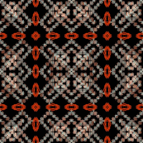 Bordado tribal patrón inconsútil vector colorido. Fondo de alfombra geométrica texturizada. Tapiz repetir grunge origen étnico. Costuras bordadas en zigzag, formas, rombos. Textura interminable . — Archivo Imágenes Vectoriales