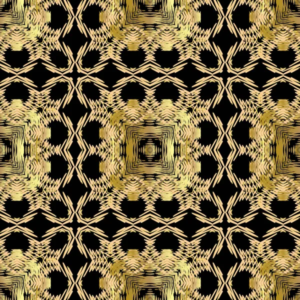 Вышивка золотой вектор бесшовный узор. Геометрическая племенная абстрактная сетка фон. Текстурированный этнический орнамент с гобеленовыми квадратами, зигзагообразными линиями, полосами, формами, рамками. Вышитая гранжевая текстура . — стоковый вектор