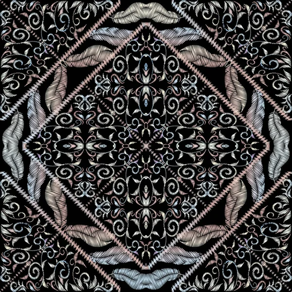 Pola berbunga bordir berwarna mulus. Latar belakang bertekstur geometris vektor. Tapestry gaya etnis ornamen Damask dengan bulu. Bunga-bunga, daun, bingkai rhombus. Tekstur Grunge - Stok Vektor