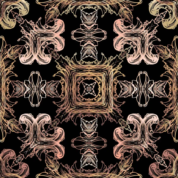 Färgglada barock sömlösa mönster. Vektor geometrisk texturerad bakgrund. Blommig damask prydnad i barockstil. Vintage rosa blommor, löv. Grunge konsistens. Kvadratiska former, ramar. Elegant design. — Stock vektor