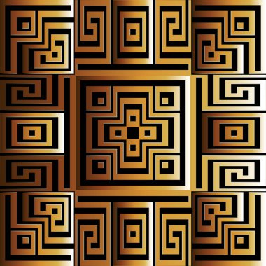 Antik stil modern Yunan 3d vektör sorunsuz desen. Süs yüzeyi geometrik arka plan. Labirent labirent süsü. Yunan kilit kıtamı. Soyut parlak tekrar arka plan. Gölgeli altın süs.