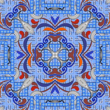 Kabile etnik tarzı renkli vektör sorunsuz desen. Geometrik süs ızgara arka plan. Mavi tekrar dokulu zemin. Geometrik şekiller, kareler, çerçeveler ile Doodle çiçek soyut süs.