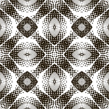 Noktalı siyah ve beyaz geometrik dikişsiz desen. Vektör monokrom süs halftone arka plan. Nokta, daire, eşkenar dörtgen, şekiller ile soyut tekrar arka plan. Yarım ton kabile izole süs.