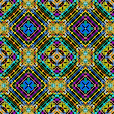 Renkli geometrik etnik stil vektör dikişsiz desen. Çiçek parlak kabile arka plan. Süs tekrar çizgili fon. Çiçekler, çizgili, eşkenar dörtgen, şekiller ile çok renkli soyut süs
