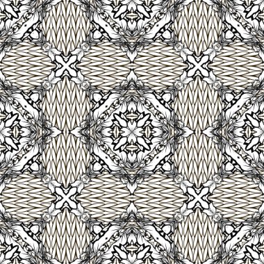Wicker karmaşık siyah ve beyaz vektör dikişsiz desen. Örgülü süs geometrik arka plan. Tek renkli tekrar çiçek arka plan. Vintage çiçekler, çerçeveler, kareler, şekiller. Sonsuz doku.