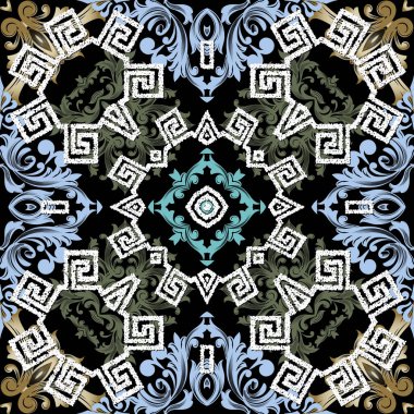Renkli soyut yunan vektör sorunsuz desen. Barok çiçek süsü. Stippled geometrik yunan anahtar meander. Noktalı grunge dokulu tasarım. Vintage çiçekler, yaprakları ile süs şam arka plan