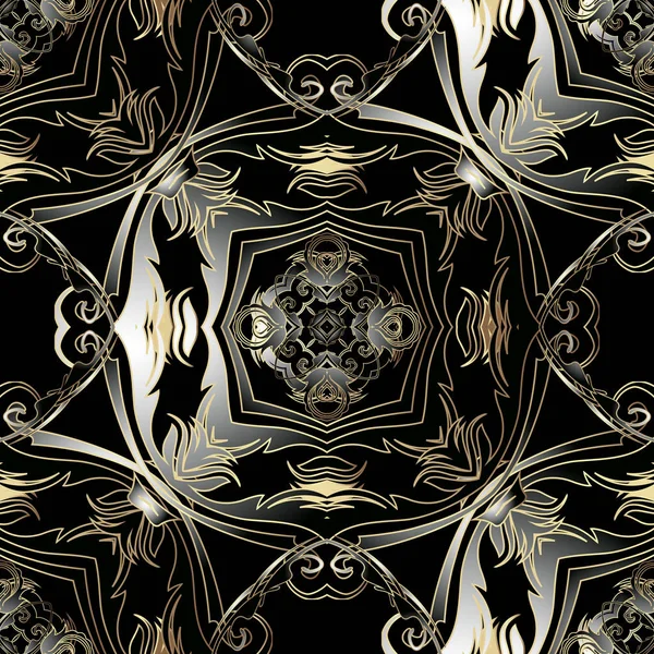華やかなバロックベク3Dシームレスパターン。暗い装飾的なアンティークの背景。ライン、花、葉、形状を持つヴィンテージゴールドブラックバロックビクトリア様式の装飾品。ラグジュアリーなデザイン。無限のテクスチャ. — ストックベクタ