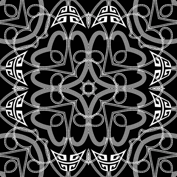 Zwart-wit abstracte lijn kunst Griekse vector naadloze patroon. Monochroom sier Vintage achtergrond. Geometrische herhalen decoratieve achtergrond. Mooie elegantie sieraad met Griekse sleutel meanders. — Stockvector