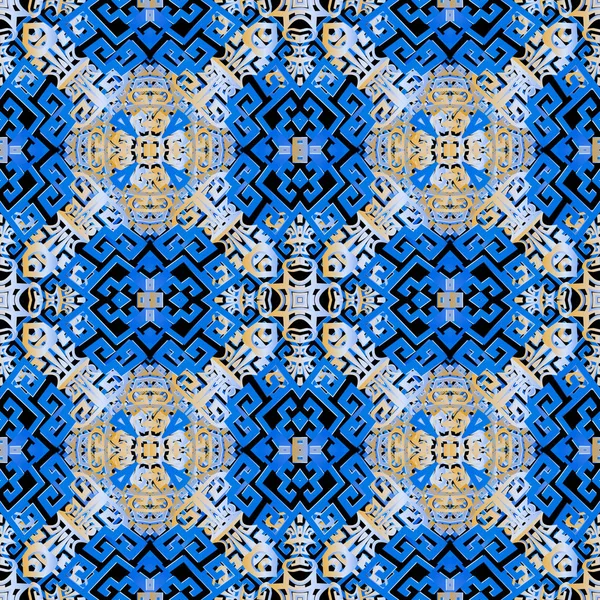 복잡 한 부족 다채로운 그리스 어 매끄러운 패턴입니다. 벡터 장식 추상적 인 배경입니다. 그리스 어 키 사행, 모양과 민족 스타일의 기하학적 파란색 장식. 복잡한 화려한 디자인. 끝없는 질감. — 스톡 벡터
