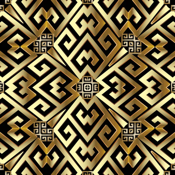 Ornamental gold 3d greek vector seamless pattern. Geometric abstract greek key meanders background. Elegant decorative repeat backdrop. Ancient style luxury ornament. Surface endless ornate texture. — Stock Vector