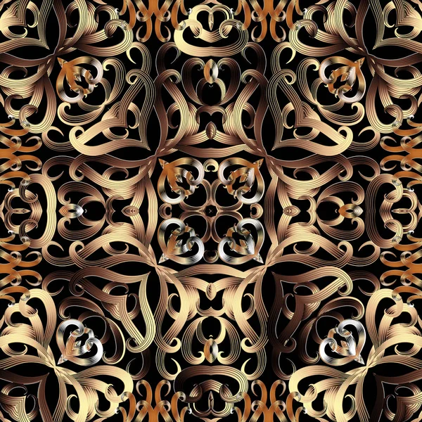 Modèle complexe or floral 3d vecteur sans couture. Fond texturé vintage ornemental. Des fleurs complexes, des feuilles. Orné luxe baroque Damas ornement abstrait. Conception de répétition décorative . — Image vectorielle