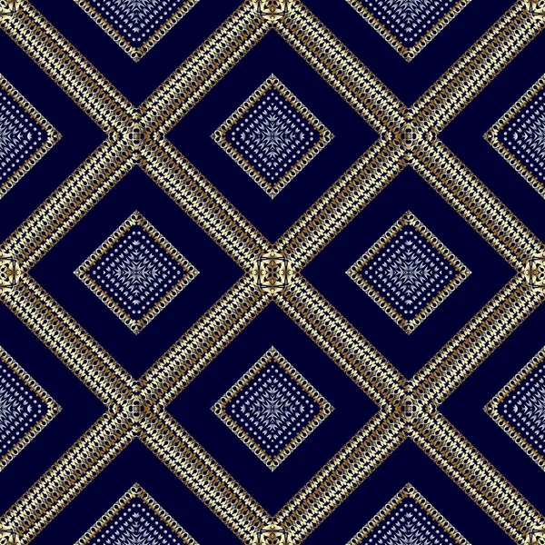 Waffel geometrisches 3D-Vektor nahtloses Muster. strukturierte ornamentale gestreifte dunkelblaue Hintergrund. Oberfläche Goldschmuck mit Streifen, Formen, Rauten, Rahmen. elegantes königliches Luxusdesign. endlose Textur — Stockvektor