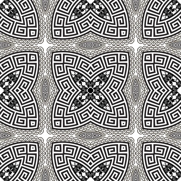 Patrón sin costura vectorial griego ornamental blanco y negro. Fondo de estilo étnico floral. Repita decorativo monocromo telón de fondo. Flores de encaje vintage, hojas barrocas, mariposas. Meandros clave griegos . — Archivo Imágenes Vectoriales