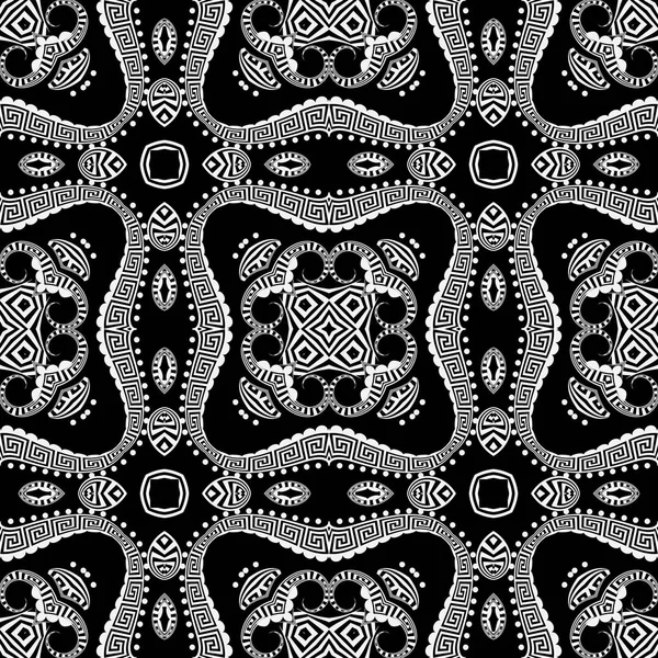 Grekisk prydnads svart och vit vektor sömlösa mönster. Blommig etnisk stil bakgrund. Upprepa dekorativa monokrom bakgrund. Vintage Paisley blommor, löv, prickar, ramar. Grekisk nyckel slingrar. — Stock vektor