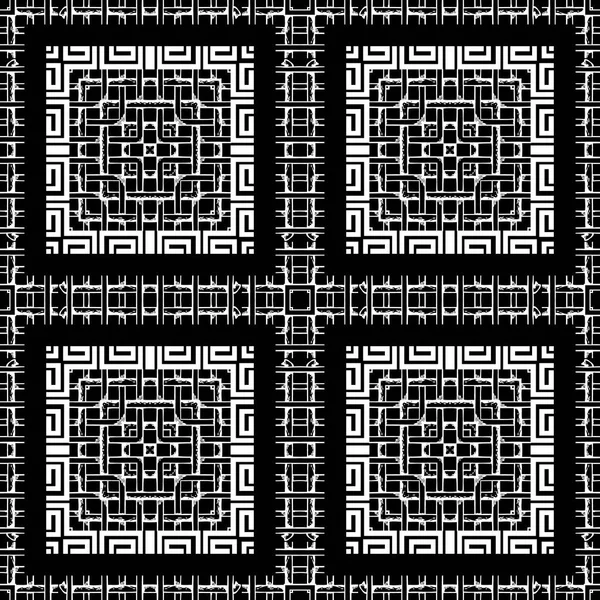 黒と白のチェッカーグリッドテクスチャベクトルシームレスパターン。幾何学的な正方形の背景。ギリシャのキーメアンダーの装飾品。モノクロのエレガントな格子の背景を繰り返します。抽象的な現代の隔離された設計. — ストックベクタ