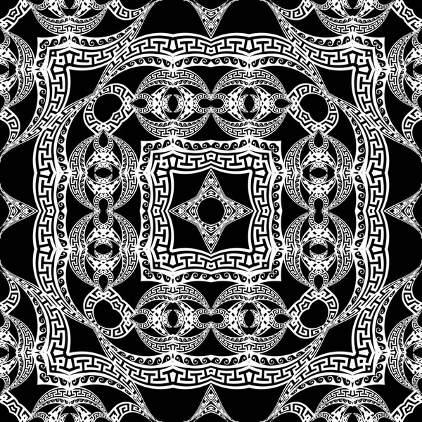 Řecký dekorativní černobílý vektor Květinové zázemí pro etnické styly. Opakujte dekorativní monochromatické pozadí. Květinový květ, listí, vlny, rámy, tvary. Řecké klávesy mehřivky. — Stockový vektor