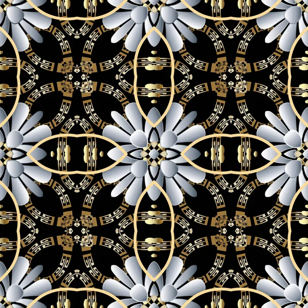 Vecteur floral grec motif sans couture. Fond ornemental de style ethnique. Répéter motif fond décoratif. Fleurs de surface blanches, formes géométriques, ornement des sinueuses clés grecques. Texture infinie . — Image vectorielle