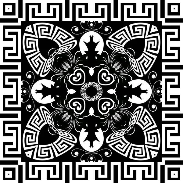 Griechisches modernes Schwarz-Weiß-Vektormuster. geometrische ornamentale abstrakte Hintergrund. elegante Stammeswiederholungskulisse. quadratischer griechischer Schlüssel mäandert Rahmen. Blumenschmuck. Design im ethnischen Stil. — Stockvektor